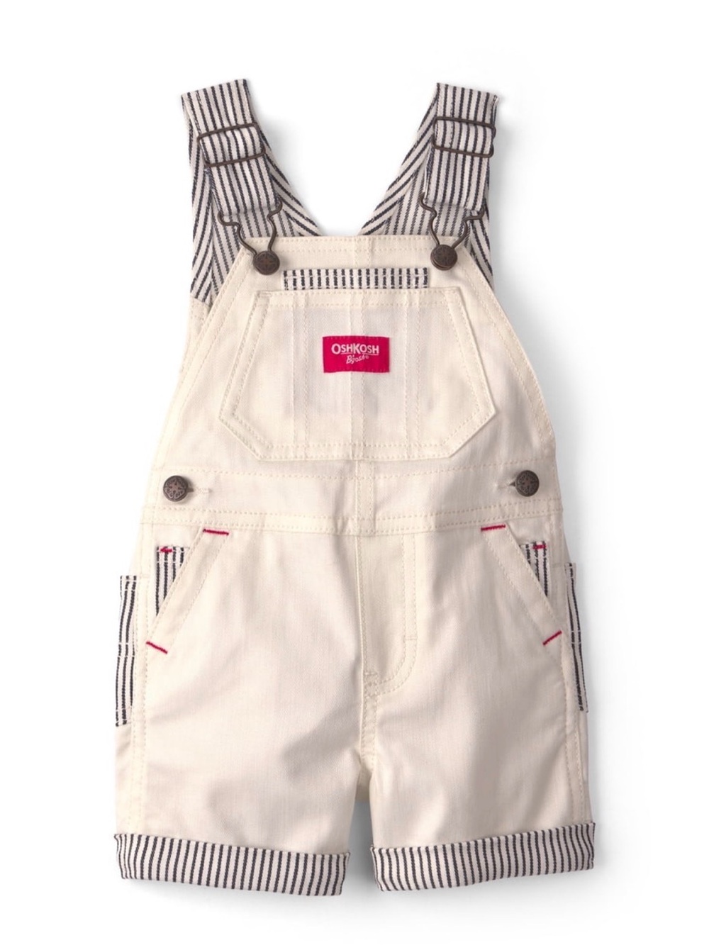 OshKosh B'gosh Cream Short Striped-Trim Overalls
